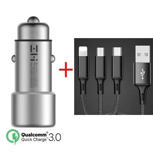 add 3in1 black cable Оригинальное автомобильное зарядное устройство Xiaomi ZMI с кабелем 3 в 1, двойной USB QC 3,0, быстрая зарядка, 5 В, 2,4 А, металл, для iPhone, samsung, iPad, huawei, телефона - Цвет: add 3in1 black cable