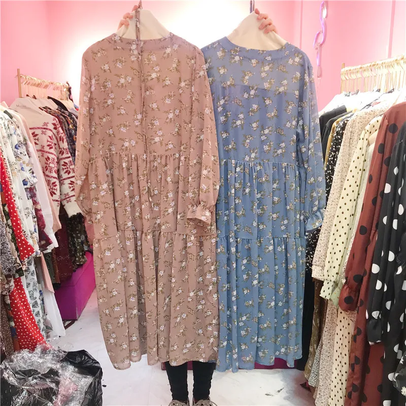 2019 Fashion Korean Mori Girl Casual Chiffon Oversized Bow Lace Up Neck Spring Floral Print Ruffle Kawaii Midi Beach Dress Women | Женская