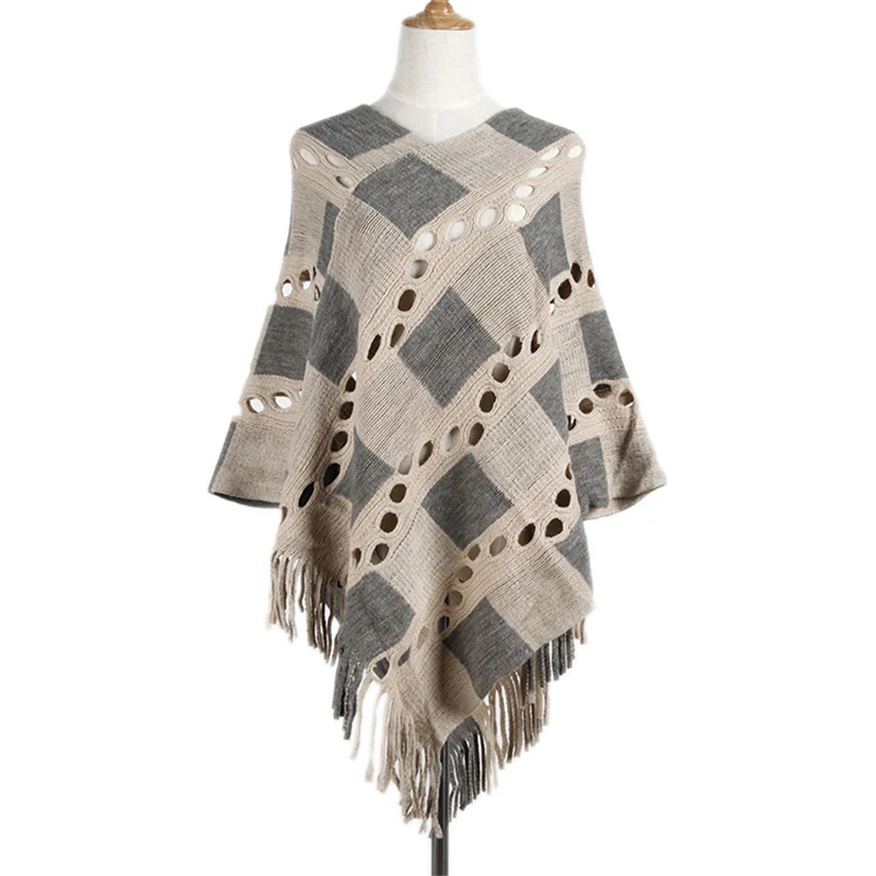 Women Autumn Knitting Poncho Cotton Shrug Pullover Sweater Female 2018 Plaid Hole Tassel Jumper Oversize Sweaters Causal Outwear |