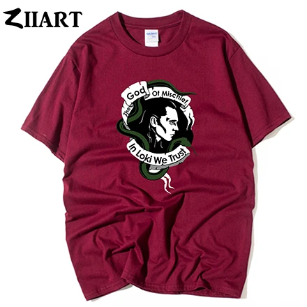 WINE RED In loki we trust the god of mischief/винтажная одежда для пар с изображением головы Мужская хлопковая футболка с короткими рукавами и круглым вырезом для мальчиков - Цвет: WINE RED