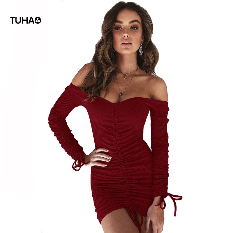 

TUHAO Autumn Sheath Sexy Dress V-neck Lace Up Drawstring Long sleeve Off the Shoulder Mini Dress Women's Clothing T18379