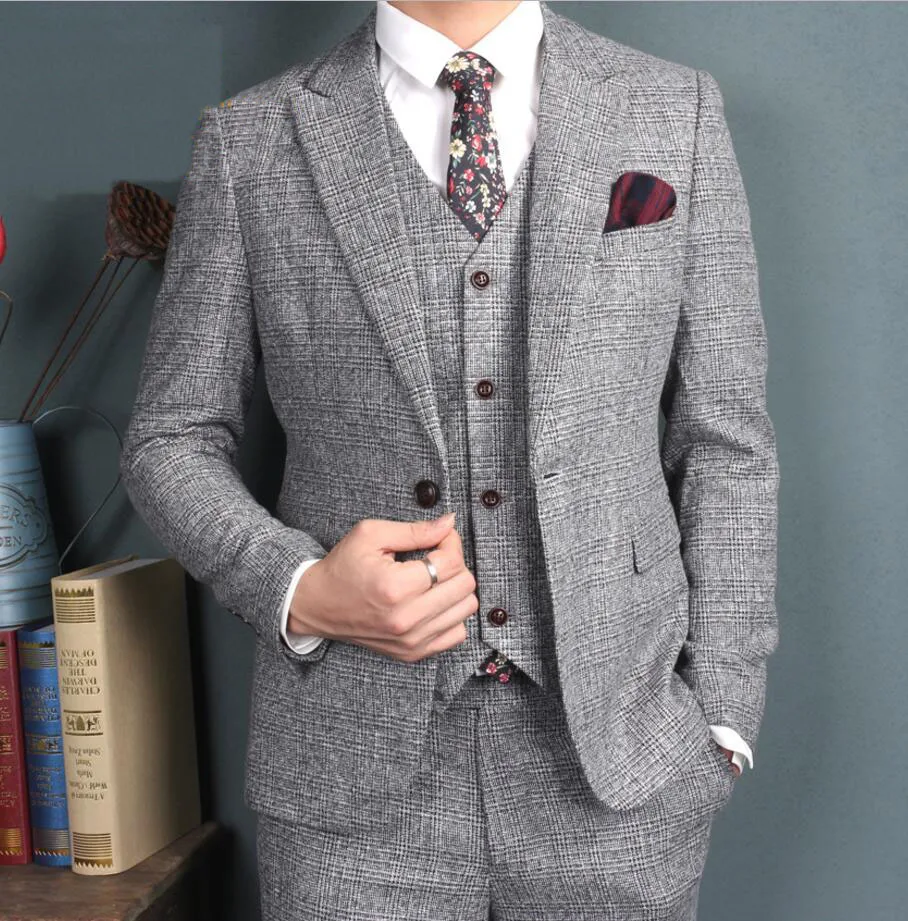 British Style Grey Plaid Men Suits One Button Wedding Groom Tuxedos men bussiness Blazer suits 2017(jacket+pant+vest)