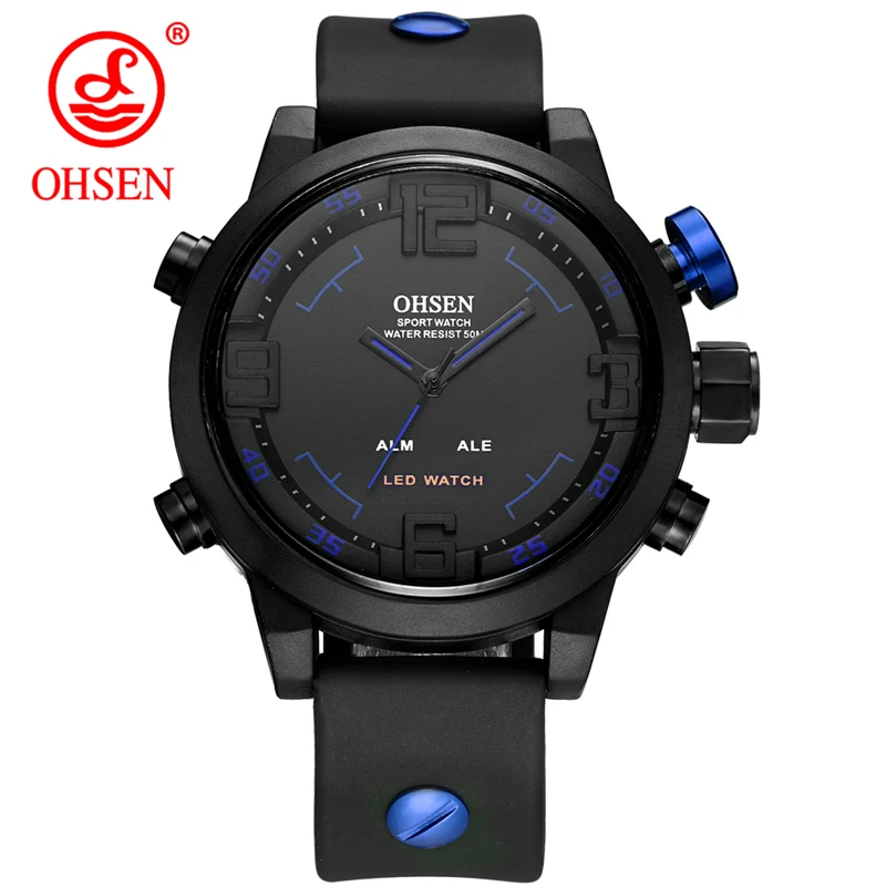 Модные мужские часы OHSEN, брендовые, повседневные, Horloges Mannen, многофункциональные, двойное время, мужские часы, спортивные наручные часы - Цвет: Blue with Freedom
