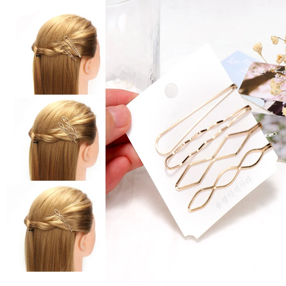 4Pcs/ Set Korea Fashion Metal Hairpins Minimalist Wave Hair Clips All-match Hairstyle Design Accessories Styling Tool | Детская одежда