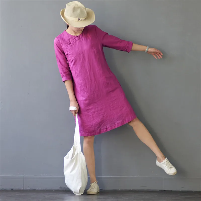 SCUWLINEN, vestidos, летнее платье, винтажное, однотонное, три четверти, ручная работа, на кнопках, платье из рами, короткое, повседневное, платье S304