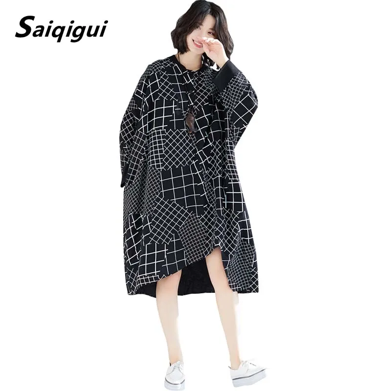 Женское платье в клетку Saiqigui повседневное Свободное с рукавами летучая мышь