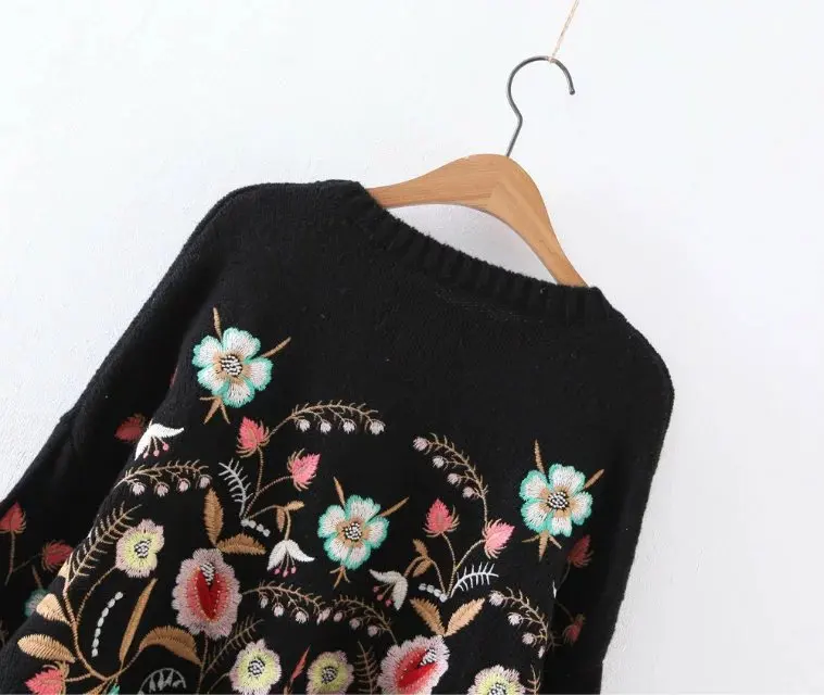 Symmetric Botanical Embroidered Jumper Black Long Sleeve Casual Boho Pullovers 2017 Autumn Ladies Sweaters | Женская одежда