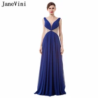 janevini chiffon royal blue sexy deep v neck bridesmaid dresses a line beading high split backless floor length prom party gowns