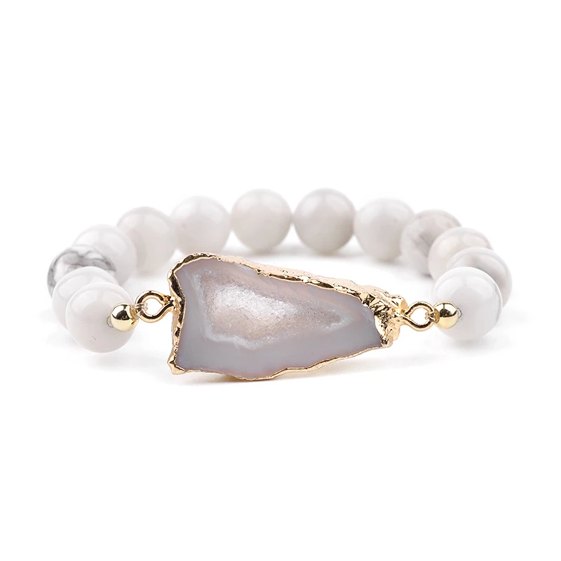 10mm Agate BOJIU натуральный камень Нерегулярные Druzy браслеты с подвесками для женщин эластичные ручной работы 8 мм 10 мм круглые бусины браслеты Femme подарки BC301 - Окраска металла: 10mm Agate