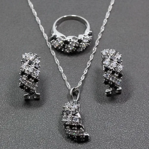 3PCS Ring Size 6 4 шт. Ювелирные наборы 925 стерлингов серебристый, черный циркон кольцо Размеры 6/7/8/9/10 браслет Длина 18 см для Для женщин подарочная коробка JS04 - Окраска металла: 3PCS Ring Size 6