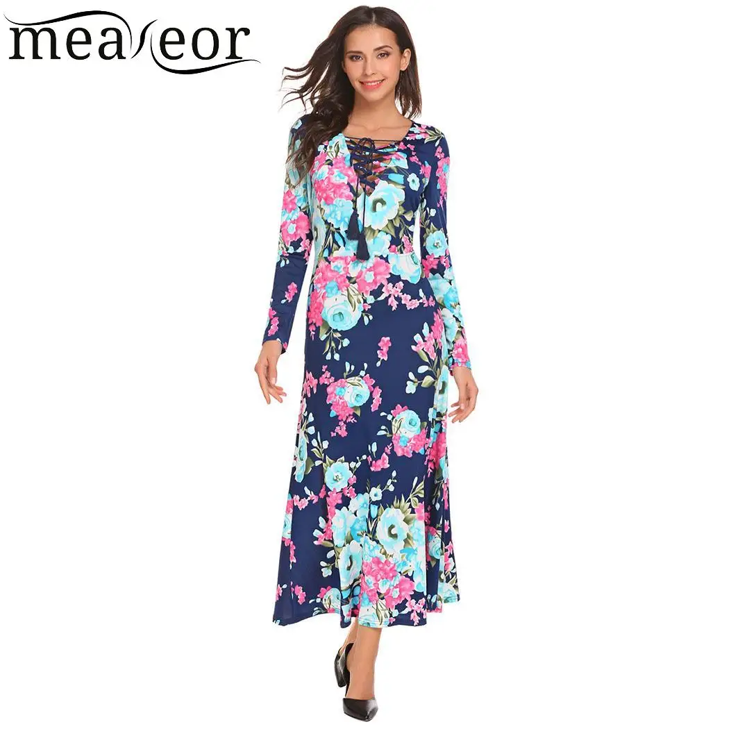 meaneor Loose Fashion V-Neck Long Sleeve Floral Women Maxi Dress | Женская одежда