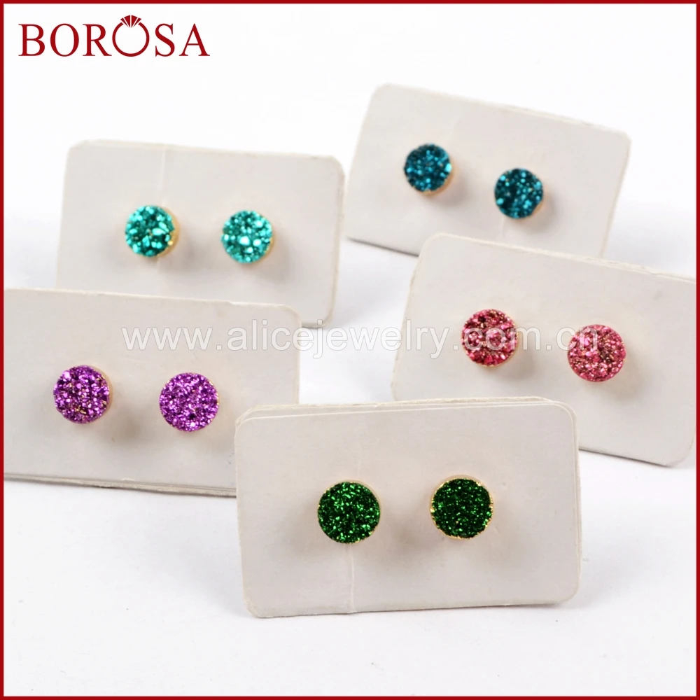 BOROSA Design 6mm Round Gold Color Titanium Mixed Electroplated Druzy Stud Earrings Fashion Drusy Jewelry G1619 | Украшения и