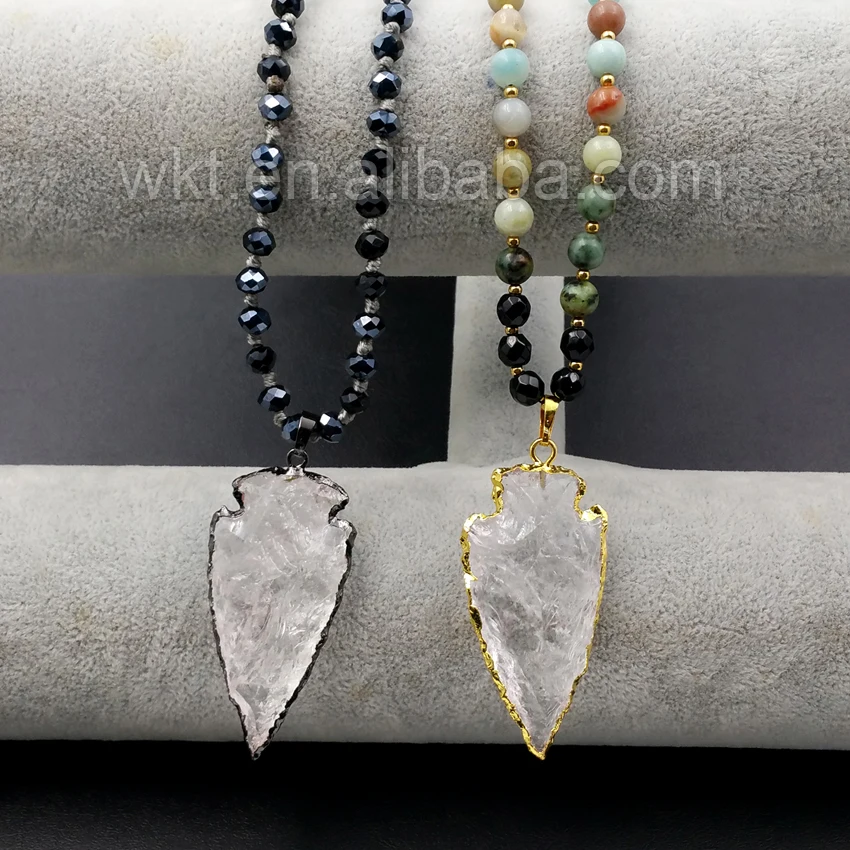 

WT-N905 Wholesale Natural Clear Quartz Necklace Unique Design 32inch Long Round Stone Beads Necklace With Engraved Arrow Jewelry
