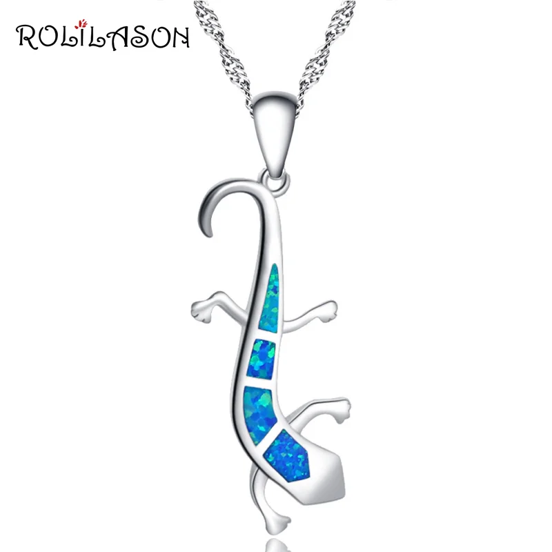 ROLILASON smart gecko Amazing Blue Fire Opal Silver Stamped 925 Necklace Pendants for Cute women men OP758 | Украшения и