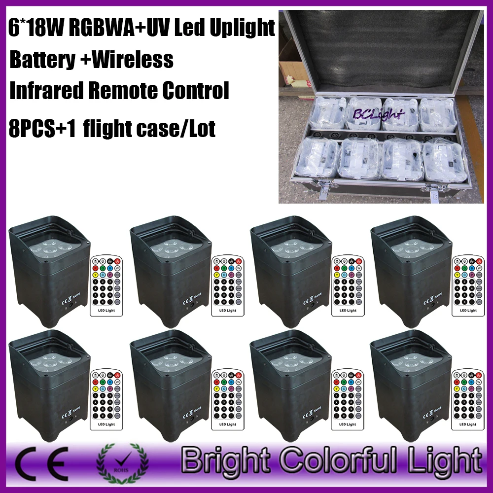 8 шт. + 1 чехол/лот 6*18 Вт полностью алюминиевый светодиодный rgbaw uv uplight беспроводной