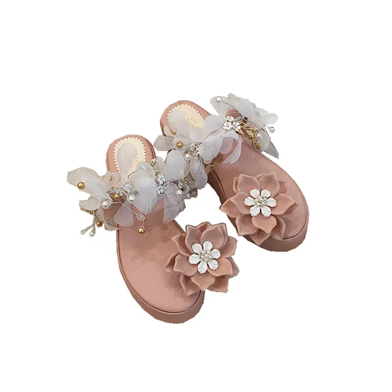 

Flower Angle Slippers Sandals female handmade fairy diamond flowers women's thick bottom Lori style slippers sandals