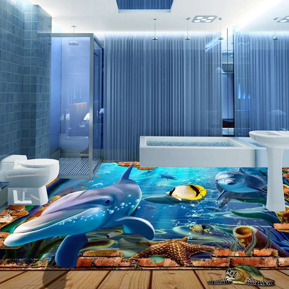 

Free Shipping custom 3D floor sticker underwater world dolphin kitchen living room PVC wear floor wallpaper mural