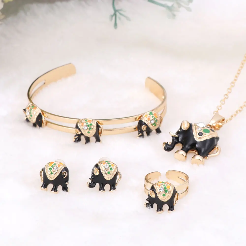 Золотой цвет Эмаль Кристалл Слон ожерелье браслет кольцо набор для детей костюм