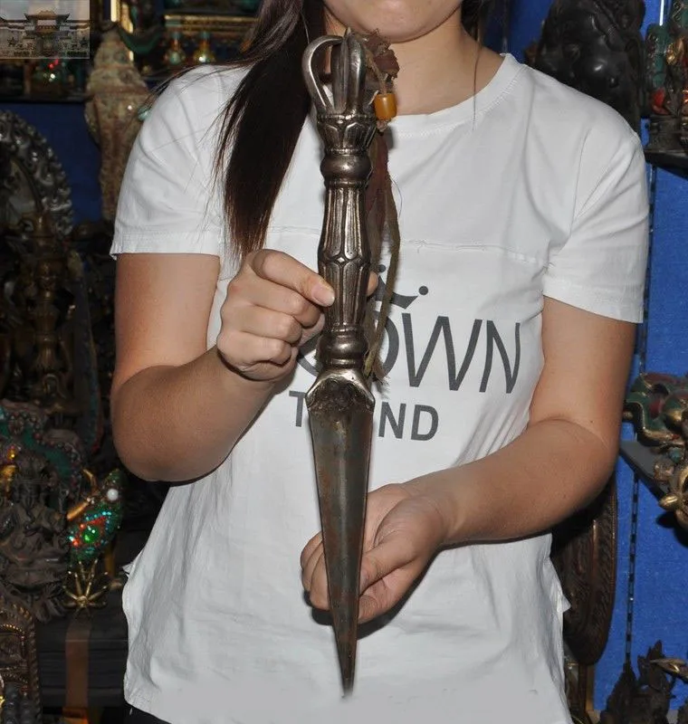 

christmas 17"Rare Old Tibet Tantra Meteorites Iron Sword Dorje dagger Faqi Phurba Vajra New Year