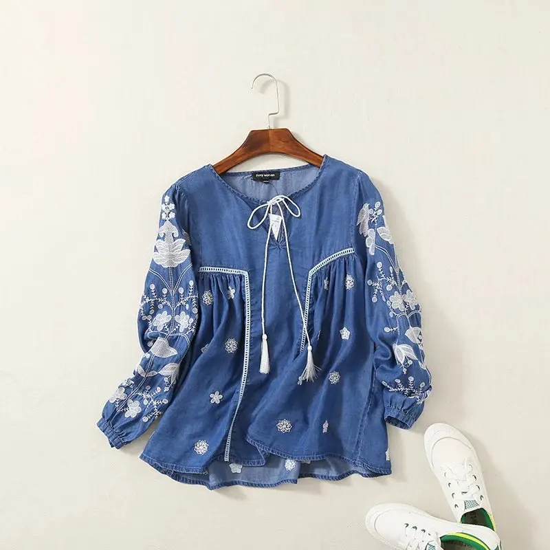 Для женщин Этническая блузка рубашка вышивка с длинным рукавом тенсель деним