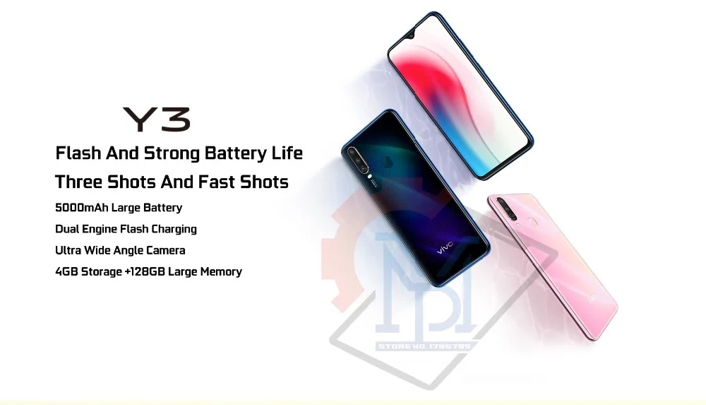 Vivo Y3, мобильный телефон, 6,35 дюймов, экран с каплями воды, 4 Гб ram, 128 ГБ rom, MT6765, Android 9, супер-широкоугольный фотоаппарат, 5000 мАч, смартфон