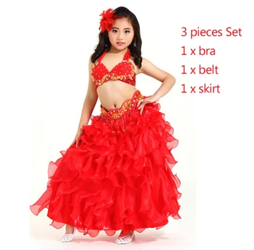 Red bra belt skirt Высший сорт детская одежда для танца живота 3 шт Восточный костюм бюстгальтер, пояс, юбка девушки набор костюма для танца живота Профессиональный - Цвет: Red bra belt skirt