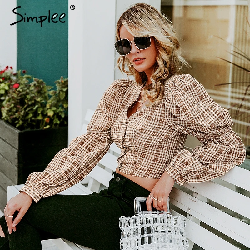 Simplee Vintage клетчатая рубашка женская sexy блузка клетчатая рубашка женская sexy блузка спинка зашнуровать женский топ рубашка Осень слойка рукава негабаритных женская блузка рубашка