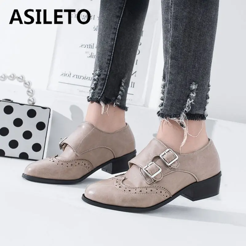 

ASILETO large size 32-48 Women oxfords flats buckle wingtip low heels brogues zapatos student unisex flats casual footwear S1411