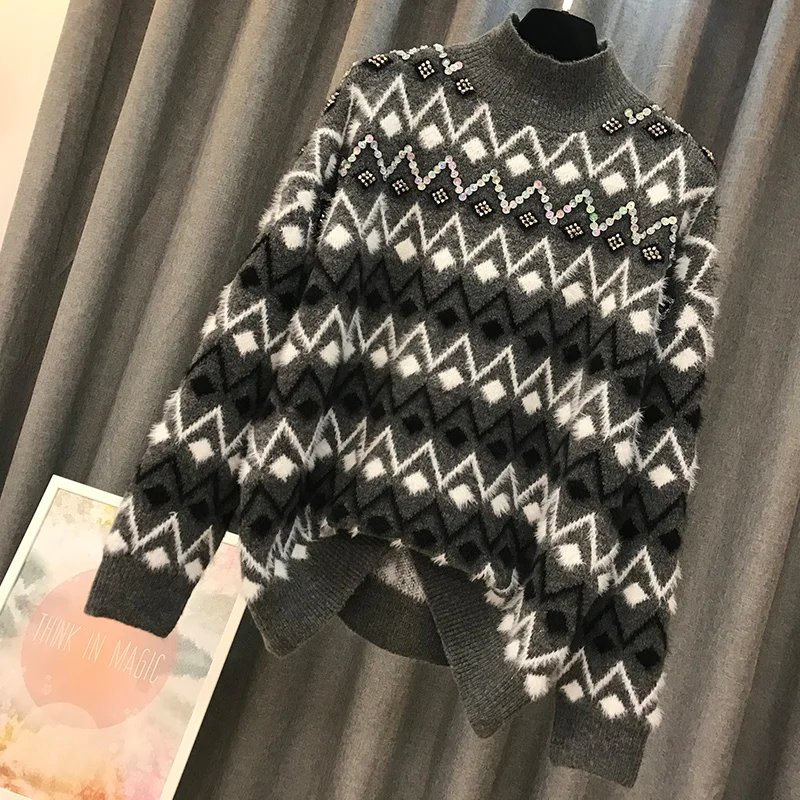 Женский свитер ALPHALMODA свободный с геометрическим узором расшитый блестками