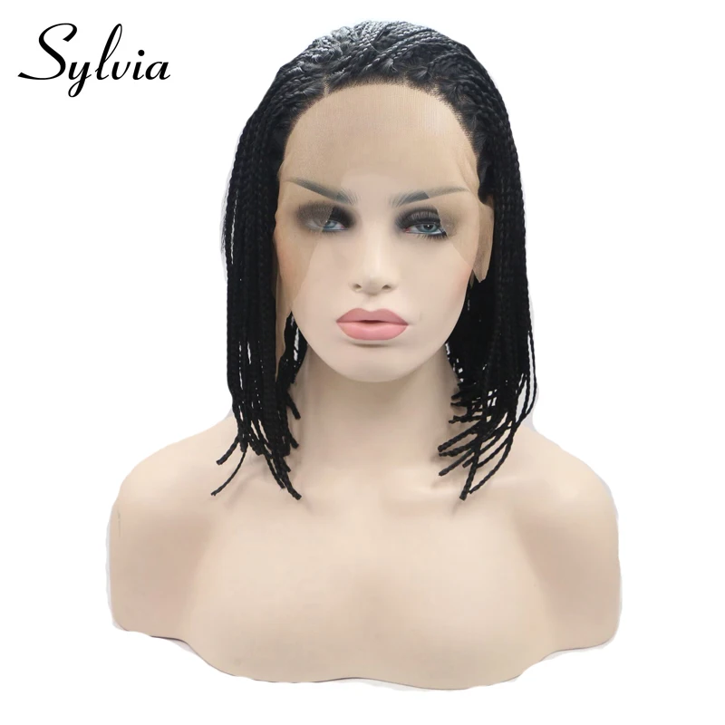 Sylvia 1b черные короткие прямые микро плетеные синтетические парики с кружевом спереди черный Боб Прическа плетение термостойкие волокна волос