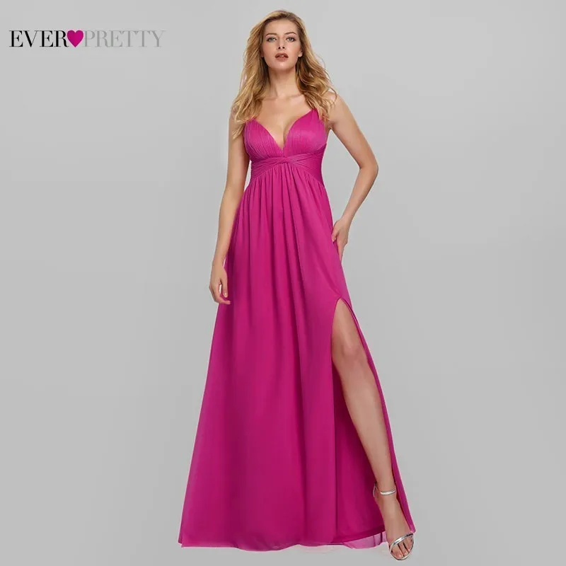 Ярко-розовые платья подружки невесты Ever Pretty A-Line с v-образным вырезом без рукавов Длинные платья для свадебной вечеринки для женщин Vestido Madrinha