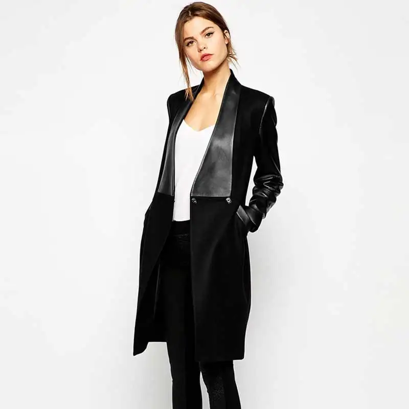 

2018 Winter Designer Blazer Women Faux PU Leather Woolen Jacket Coat Notched Long Sleeve Women Long Blazers Elegant Office Wear