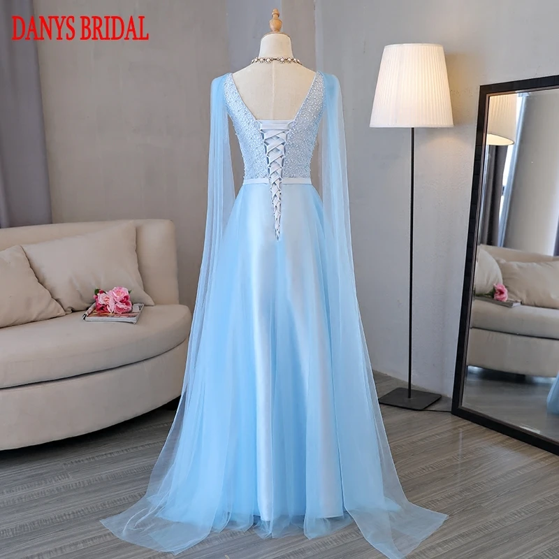 Длинное вечернее платье небесно голубого цвета вечерние платья с бусинами