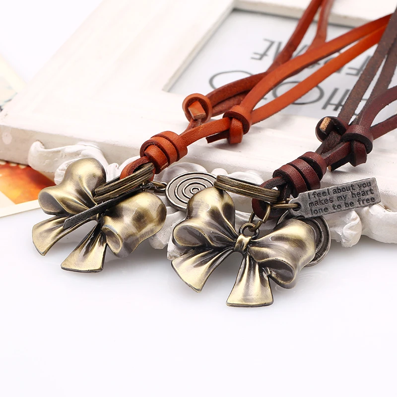 Handmade New Casual Rock Cute Bronze Circle Butterfly Pendant Brown Genuine Leather Choker Chains Men Necklace Women Jewelry | Украшения и