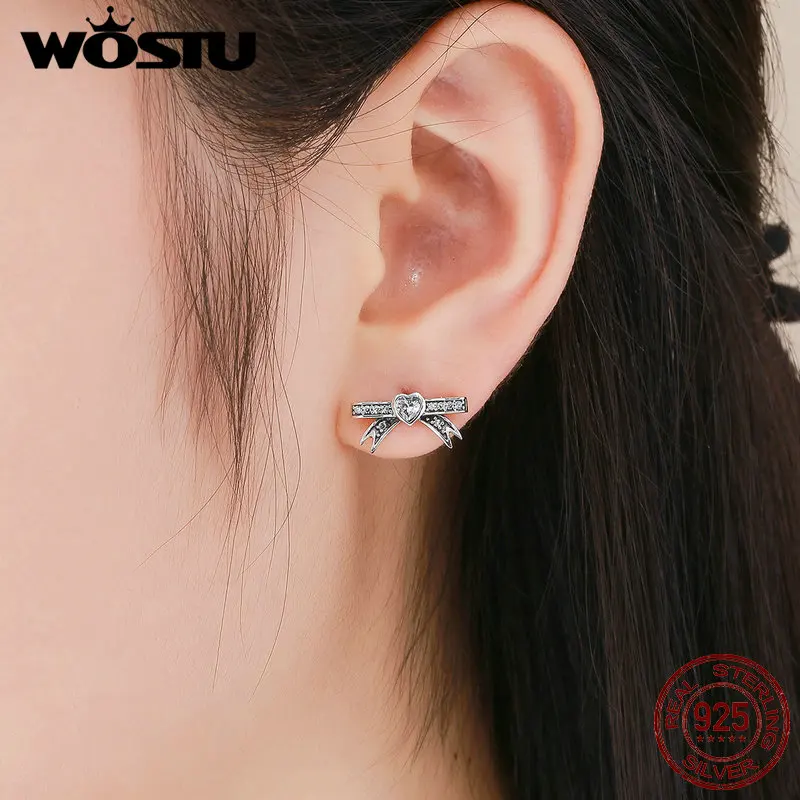 WOSTU, настоящее 925 пробы, серебряные сверкающие серьги-гвоздики с бантом в форме сердца для женщин, модные брендовые дизайнерские серебряные ювелирные изделия FIE401