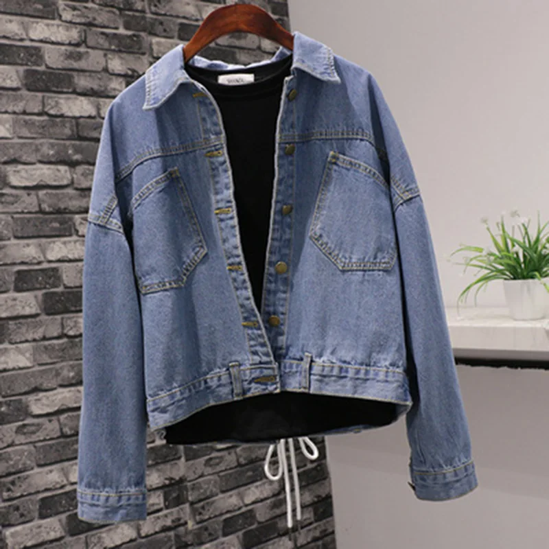 Джинсовая куртка женская однобортная базовая Классическая однотонная джинсовая на шнуровке с сетчатыми
