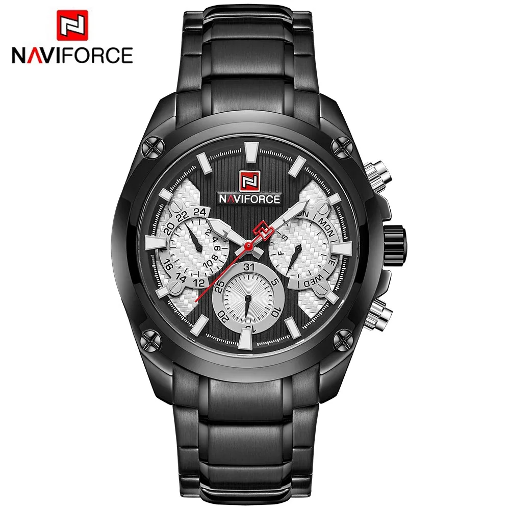 Лучший бренд класса люкс NAVIFORCE синие золотые часы мужские модные спортивные кварцевые мужские s часы полностью стальные водонепроницаемые часы Relogio Masculino - Цвет: black white