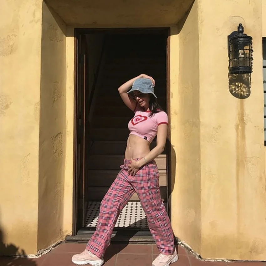 HANSHOW 2018 Лето Pantalon Mujer винтажный Красный Желтый Розовый плед клетчатые брюки
