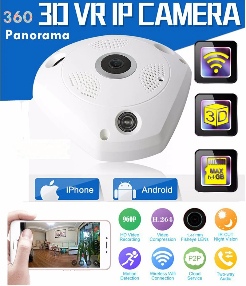 360 градусов панорамная IP камера рыбий глаз WIFI CCTV PTZ 3D VR видео P2P 960P аудио для дома