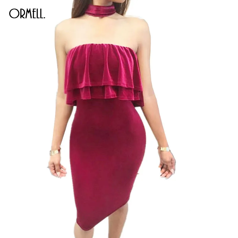 Ormell бархат с открытыми плечами Bodycon платье Раффлед Элегантный плеча короткое