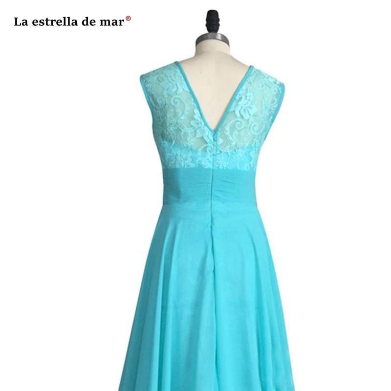 

Bruidsmeisjes jurk women Scoop neck lace chiffon cap sleeve a Line turquoise bridesmaid dresses long real photo wedding guest