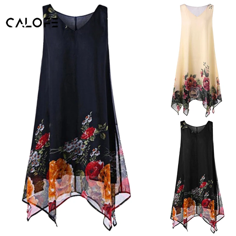 CALOFE 5XL шифоновое платье с принтом для женщин без рукавов винтажные Свободные мини