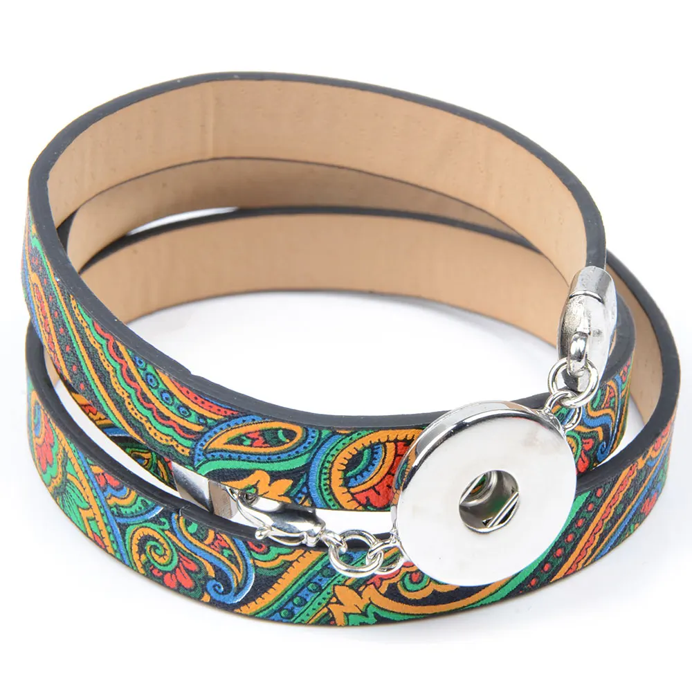 Chanfar Colorful Pattern Snap Button Leather Bracelet Wrap Lobster Clasp Bracelet For DIY 18MM Buttons Jewelry