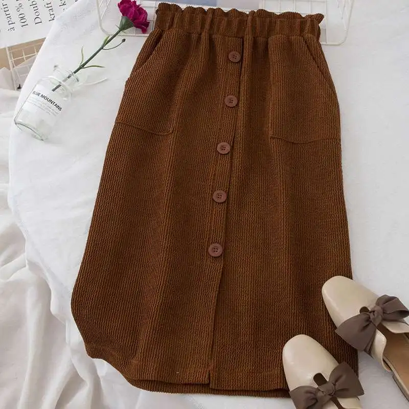 Фото Mferlier Зимняя юбка Женская эластичная высокая талия карманы однотонные коричневые