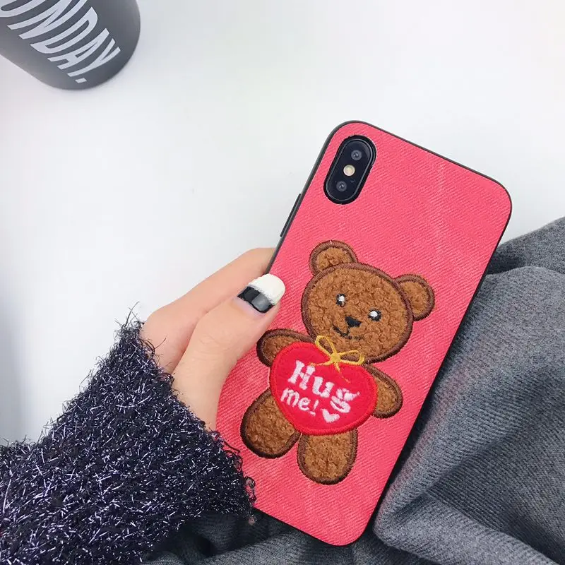 Full Cover Bear Embroidery Cases for Apple iPhone X 6 6S Beauty Pattern Phone Back 7 8 plus Coque Fundas |