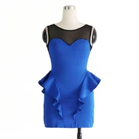 elegant business women work office sleeveless peplum dress blue black transparent mesh spliced ruffles mini dress