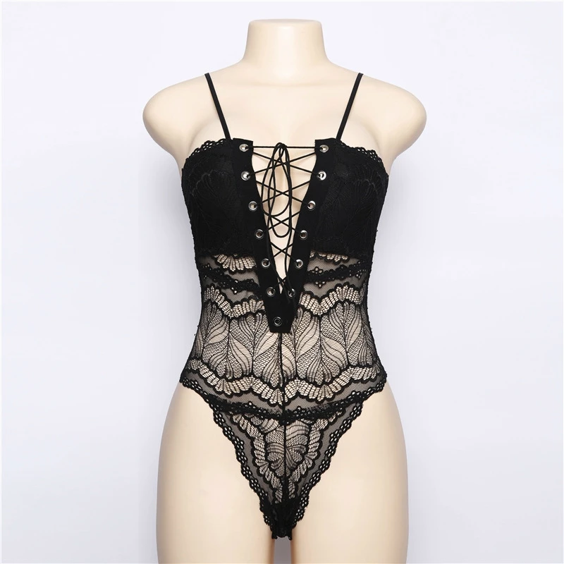 Sexy V Neck Lace Bodysuit Tops Perspective Hollow Out Romper Women Jumpsuit Black Combination Overalls Sleeveless Strap Playsuit