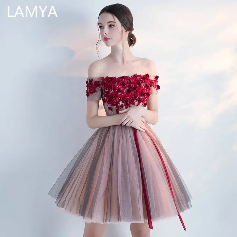 

LAMYA с аппликацией и вырезом лодочкой короткие платья для выпускного вечера, элегантное вечернее платье до колена с коротким рукавом, платье ...