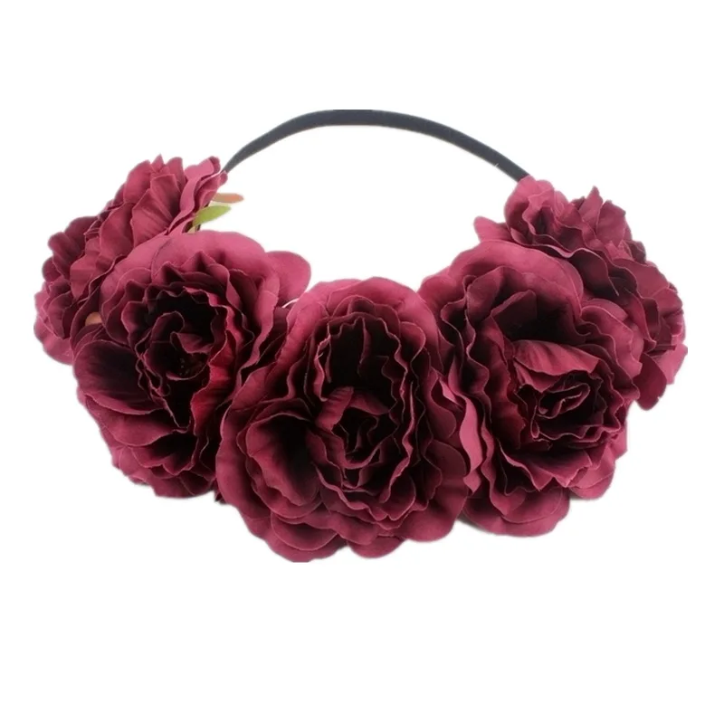 Бордовый Bohemia Big Lilies Floral Crown Party Wedding Hair Wreaths Hair Bands Holiday Flower Headband with Adjustable Elastic Ribbon - Цвет: Бордовый