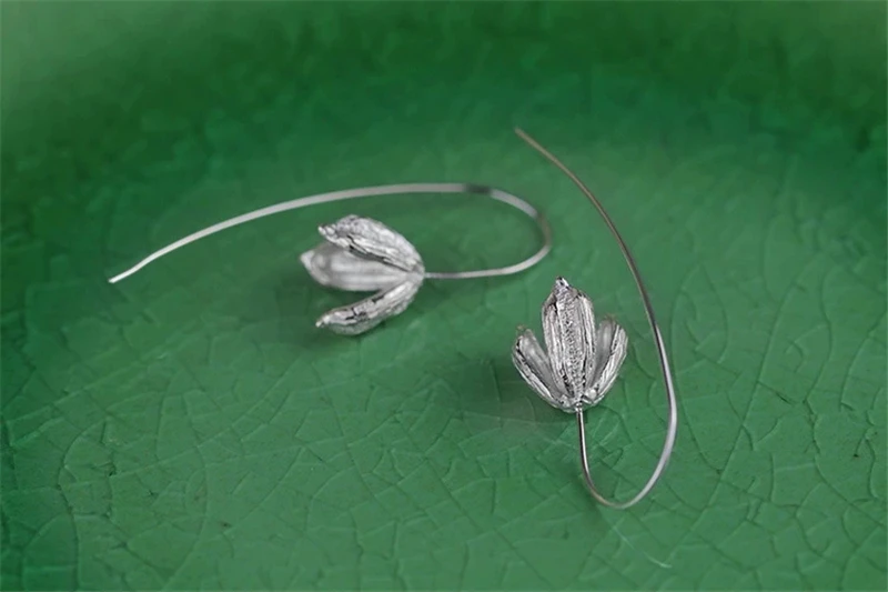Lotus весело Настоящее стерлингового серебра 925 природных творческий ручной Fine Jewelry цветочных растений модные серьги для женщин brincos